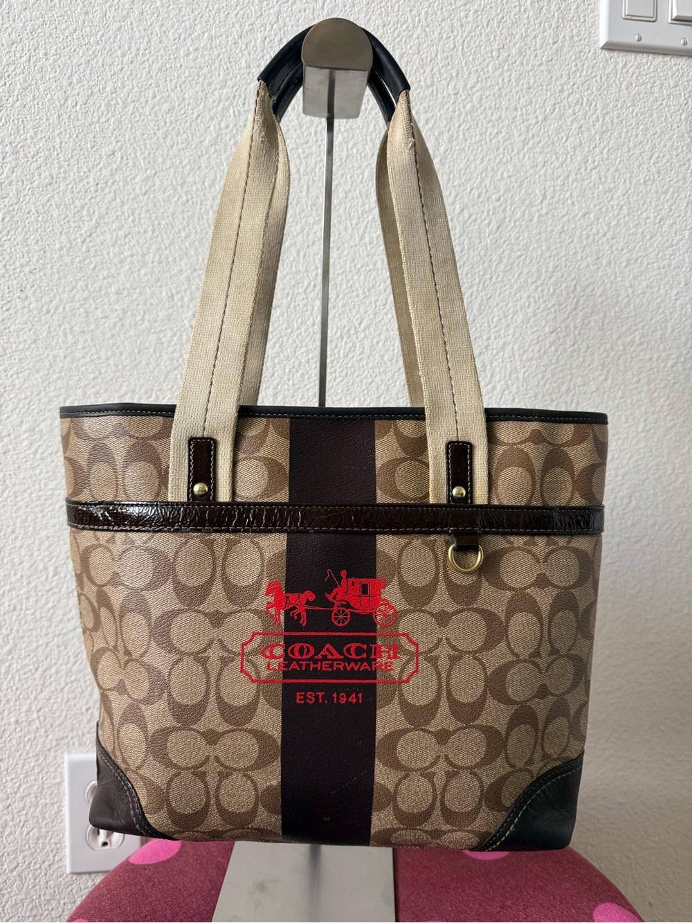 Coach Signature Stripe Tote Bag Khaki Brown Canvas Leather Shoulder Bag